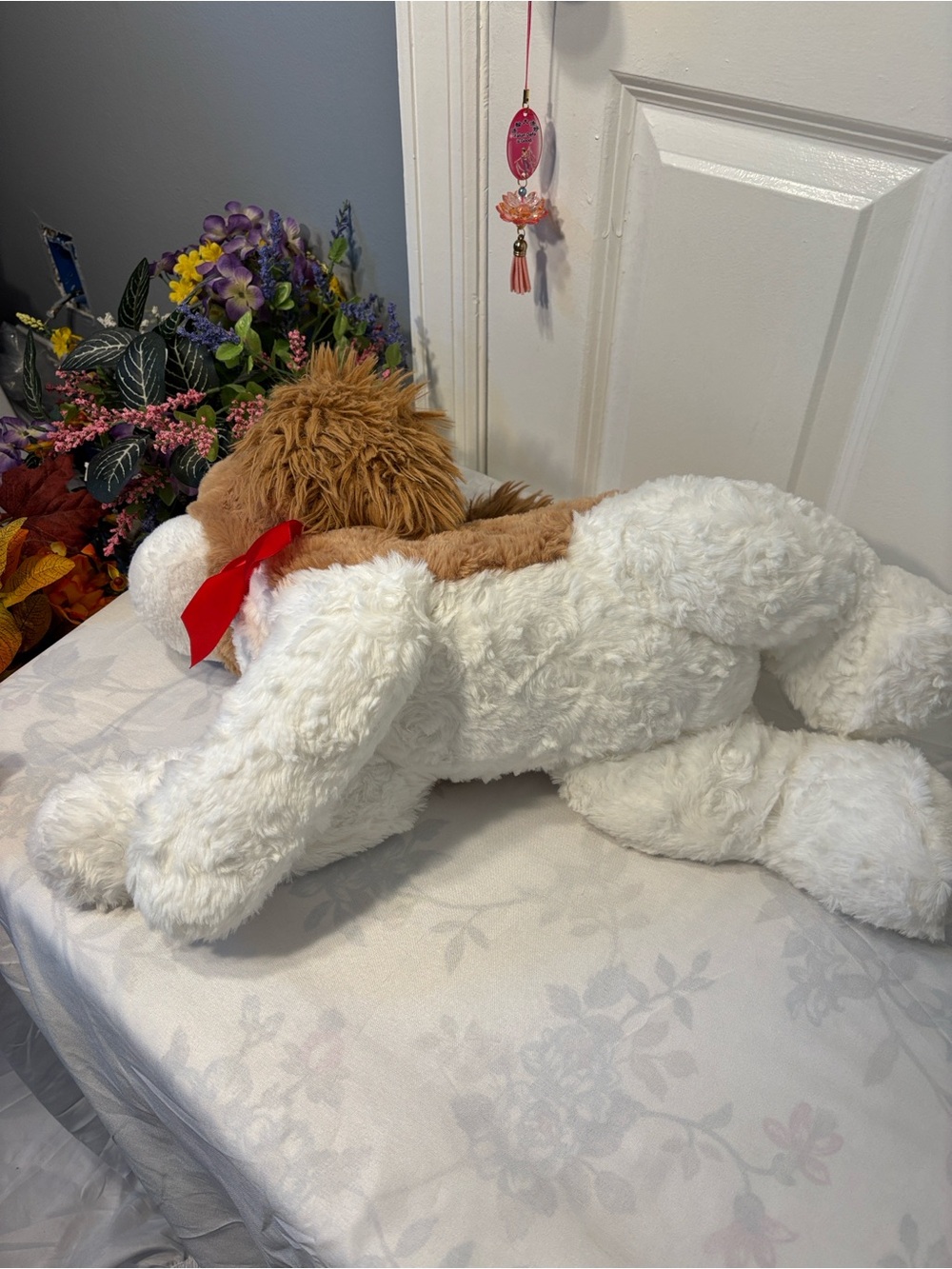 Large Brown & White Plush Dog with Red Bow – Soft Stuffed Animal - Picture 4 of 6